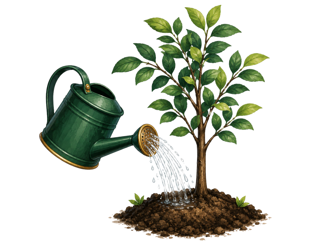 An illustration of a green watering can pouring water onto a young tree growing in fresh soil